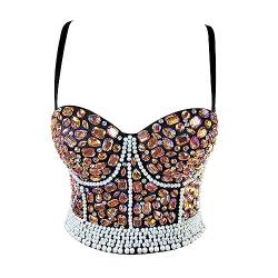 Woboren Damen Push Up Bustier Lace Crop Top Gothic Punk Perlen Strasssteine Diamanten Korsett Clubwear Party BH with Detachable Strap von Woboren