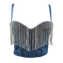 Woboren Damen Quaste Strass Denim Bustier Crop Top Bra Korsett Top Clubwear Party BH with Detachable Strap von Woboren