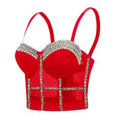 Woboren Damen Strass Diamant Push Up Bustier Crop Top Gothic Punk Korsett Clubwear Party BH with Detachable Strap (Rot, L) von Woboren