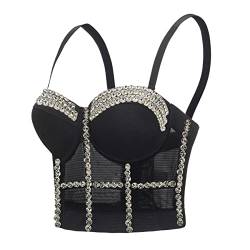 Woboren Damen Strass Diamant Push Up Bustier Crop Top Gothic Punk Korsett Clubwear Party BH with Detachable Strap (Schwarz, L) von Woboren