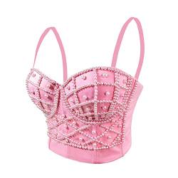 Woboren Damen Strass Push Up Bustier Crop Top Gothic Punk Korsett Clubwear Party Rosa BH XS von Woboren