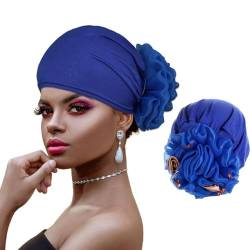 Woeoe Kopftuch mit afrikanischer Blume, vorgebunden, Turban-Mütze, plissiert, dehnbar, für Damen, Blau, Medium von Woeoe