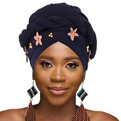 Woeoe Perle, afrikanischer Turban-Kopfwickel, dunkelblau, Polyester, Kopftuch, Stretch, Blume, Kopfbedeckung für Frauen und Mädchen von Woeoe