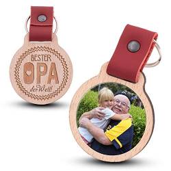 Wogenfels - Schlüsselanhänger aus Holz mit kratzfestem Foto und Gravur Bester Opa der Welt (rotes Lederband) von Wogenfels