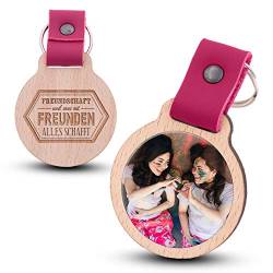 Wogenfels - Schlüsselanhänger aus Holz mit kratzfestem Foto und Gravur Freundschaft (pinkes Lederband) von Wogenfels