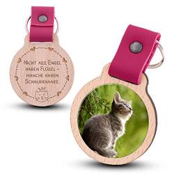 Wogenfels - Schlüsselanhänger aus Holz mit kratzfestem Foto und Gravur Meine Katze ist EIN Engel mit Schnurrhaaren (pinkes Lederband) von Wogenfels