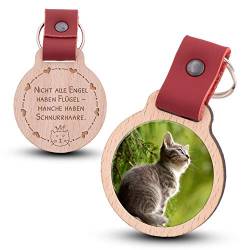 Wogenfels - Schlüsselanhänger aus Holz mit kratzfestem Foto und Gravur Meine Katze ist EIN Engel mit Schnurrhaaren (rotes Lederband) von Wogenfels