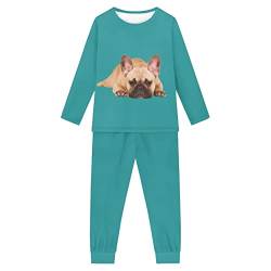 Woisttop Mädchen Pyjama Set Langarm Hund Muster Kinder Pyjama Nachtwäsche 2 Stück Lounge Set Nachtwäsche für 3-16 Jahre, Türkisfarbene Französische Bulldogge, 11-12 Jahre von Woisttop