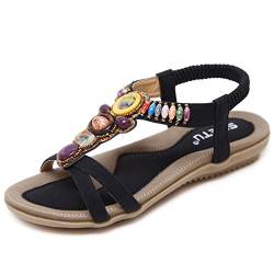 Woky Damen Bohemia Sandalen mit Strass Perlen Sommer Strand Schuhe Freizeit Flach Sandalette, 37 EU, Schwarz von Woky