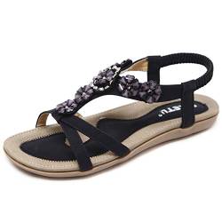 Woky Sandalen Damen Sommer Boho Zehentrenner mit Strass Frauen Outdoor Strand Flach Sandaletten Sommerschuhe Schwarz 38 von Woky