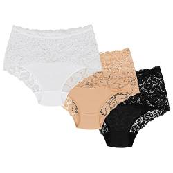 Wolbar Dame Slip 3Er Pack Bund Pantys Spitze Elegant Unterhose Unterwäsche WB414, Beige-Weiß-Schwarz,L von Wolbar