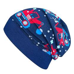 Wollhuhn ÖKO Leichte Bequeme Jungen Baustelle/Bagger Beanie-Mütze Elastisches Bündchen (aus Öko-Stoffen, Bio) 22222235 (Bagger Maxi Dunkelblau-Rot, S) von Wollhuhn