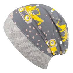 Wollhuhn ÖKO Leichte Bequeme Jungen Baustelle/Bagger Beanie-Mütze Elastisches Bündchen (aus Öko-Stoffen, Bio) 22222235 (Bagger Maxi Grau-Gelb, S) von Wollhuhn