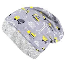 Wollhuhn ÖKO Leichte Bequeme Jungen Baustelle/Bagger Beanie-Mütze Elastisches Bündchen (aus Öko-Stoffen, Bio) 22222235 (Baustelle Grau-Gelb, 48-50) von Wollhuhn