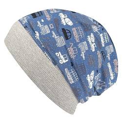 Wollhuhn ÖKO Leichte Bequeme Jungen Baustelle/Bagger Beanie-Mütze Elastisches Bündchen (aus Öko-Stoffen, Bio) 22222235 (Baustelle Jeansblau, 52-54) von Wollhuhn