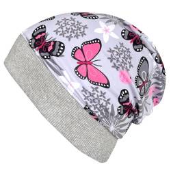Wollhuhn ÖKO Leichte Mädchen Beanie-Mütze Elastisches Bündchen (aus Öko-Stoffen, Bio) 22222222 (Schmetterlinge grau-rosa, M) von Wollhuhn