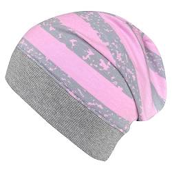 Wollhuhn ÖKO Leichte Mädchen Beanie-Mütze Elastisches Bündchen (aus Öko-Stoffen, Bio) 22222222 (Streifen grau-rosa breit, S) von Wollhuhn