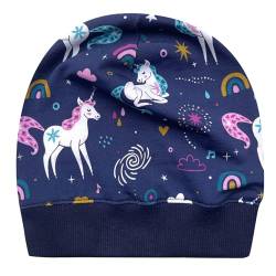 Wollhuhn ÖKO Leichte Weiche Mädchen/Jungen Beanie-Mütze Bündchen Elastisch Übergangszeit/Sommer Jersey Baumwolle (Öko-Stoffe, Bio) (Einhörner Dunkelblau, M) von Wollhuhn