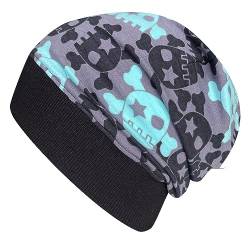 Wollhuhn ÖKO Leichte Weiche Mädchen/Kinder Beanie-Mütze Kinder-Mütze Bündchen Elastisch Übergangszeit/Sommer Jersey Baumwolle (Öko-Stoffe, Bio) (Coole Skulls Grau/Mint, M) 20150225 von Wollhuhn