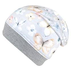 Wollhuhn ÖKO Leichte Weiche Mädchen/Kinder Beanie-Mütze Kinder-Mütze Bündchen Elastisch Übergangszeit/Sommer Jersey Baumwolle (Öko-Stoffe, Bio) (Schmetterlinge Zartblau/Grau, XS) von Wollhuhn