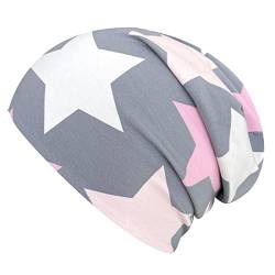 Wollhuhn ÖKO Long-Beanie, Wende-Mütze, ganzjährig, Big Stars grau/rosa/pink, Innenseite Uni grau, für Mädchen, 20150715, Größe L: KU 56/58 (darüber/Erwachsene) von Wollhuhn