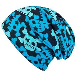 Wollhuhn ÖKO Long-Beanie, Wende-Mütze, ganzjährig, Coole Skulls blau/schwarz, Innenseite Uni grau, für Mädchen und Jungen (aus Öko-Stoffen, Bio) 20160212, Gr S: KU 48/50 (ca 1-3 Jahre) von Wollhuhn