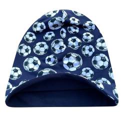 Wollhuhn Öko Warme Kuschelige Winter Jungen/Mädchen Winter Long Beanie-Mütze Mit Fleecefutter Versch. Motive (aus Öko-Stoffen, Bio) 20220666 (Fußball Blau, M) von Wollhuhn