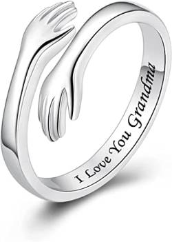 925 Sterling Silber Umarmungsringe für Frauen, I Love You Forever Love You Mutter Geschenk Schwester Geschenke Gravierte Worte Umarmung Hände Offener Ring (I Love You Grandma) von Wonvin Collection