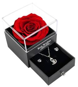 Wonvin Collection Geschenke für Frauen,Ewige Echte Rose mit Herz Halskette und Ohrringe aus 925 Sterlingsilber, Infinity Rosen Geschenkbox für Valentinstag, Muttertag, Weihnachten (Red) von Wonvin Collection