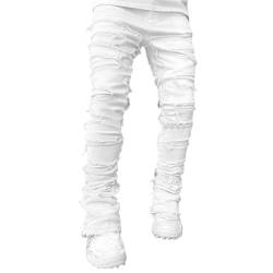 Jeans für Herren Stretch Fit Skinny Stacked Ripped Destroyed Jeans Slim Fit Patch Y2K Denim Pants Slim Fit Hose Streetwear, Weiss/opulenter Garten, X-Groß von Wonyier