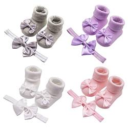 4 Farben Baby Babysocken Und Schleifen Stirnband Set,Baby Elastische Rutschfeste Haarbänder Socken Baby Mädchen Blumen Anti Rutsch Weiche Socken Party Geburtstags Foto Für Neugeborene 3-12 Alter von Wooauto