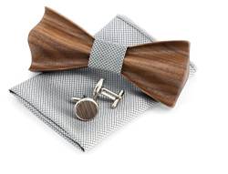 Woodenlove Premium Holzfliege Schleife aus Walnussholz mit Manschettenknöpfen, Einstecktuch und Geschenkbox für Bräutigam, Hochzeit und Herren (Grau) von Woodenlove