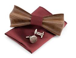 Woodenlove Premium Holzfliege Schleife aus Walnussholz mit Manschettenknöpfen, Einstecktuch und Geschenkbox für Bräutigam, Hochzeit und Herren (Rot) von Woodenlove