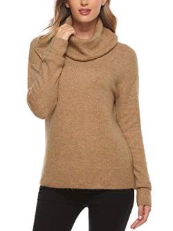 Woolicity Damen Rollkragen Strickpullover Einfarbiger Stricken Pullover Langarm Classic Fit Pullover Casual Cowl Jumper, Braun, Large von Woolicity