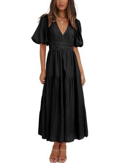 Woolicity Frauen langes Kleid Casual V-Ausschnitt Kleid kurzärmeliges Abendkleid Rüschen Rand Casual Kleid Schwarz L von Woolicity