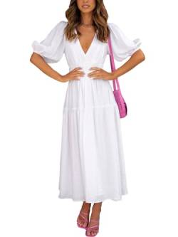Woolicity Frauen langes Kleid Casual V-Ausschnitt Kleid kurzärmeliges Abendkleid Rüschen Rand Casual Kleid Weiß L von Woolicity