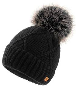 Woolk 4sold Herren Damen Wurm Winter Mohair Style Beanie Strickmütze Mütze mit Fellbommel Bommelmütze Hat Gestrickte Pudelmütze Plain Ski Pom Wooly Full Cosy Fleece-Futter (Birma Black) von Woolk