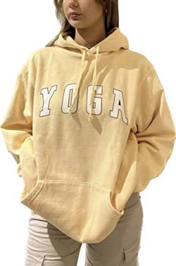 Worldclassca Damen Mädchen Oversized Hoodie Colloge Kapuzenpullover Lounge Sweatshirt Bedruckt Yoga Freizeit Sport Langarmshirt Oberteil Pulli (Gelb) von Worldclassca