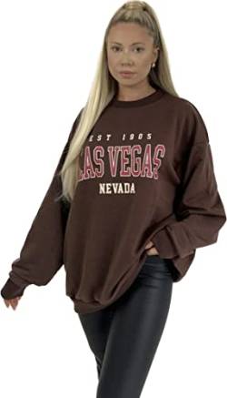 Worldclassca Damen Oversized Sweatshirt Shirt Loungewear Homewear Sweater Bedruckt Schriftzug LAS Vegas College Uni Freizeit Langarmshirt Oberteil Pullover (Braun) von Worldclassca