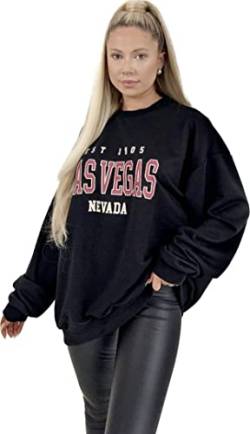 Worldclassca Damen Oversized Sweatshirt Shirt Loungewear Homewear Sweater Bedruckt Schriftzug LAS Vegas College Uni Freizeit Langarmshirt Oberteil Pullover (Schwarz) von Worldclassca