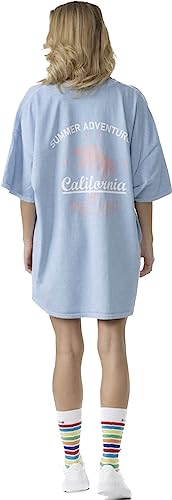 Worldclassca Oversized California Beach Print T-Shirt lang Tee Sommer Bedruckt Oberteil Loungewear Blogger Neu (Blau) von Worldclassca
