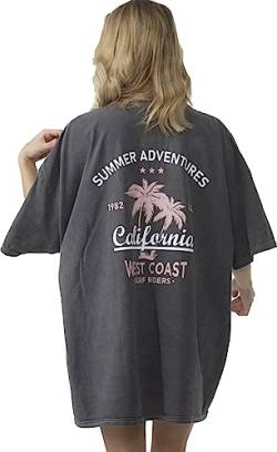 Worldclassca Oversized California Beach Print T-Shirt lang Tee Sommer Bedruckt Oberteil Loungewear Blogger Neu (Grau) von Worldclassca