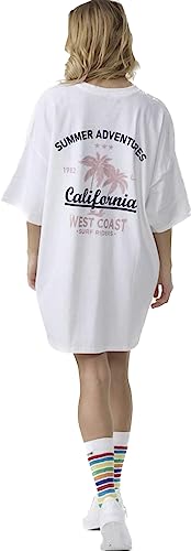 Worldclassca Oversized California Beach Print T-Shirt lang Tee Sommer Bedruckt Oberteil Loungewear Blogger Neu (Weiß) von Worldclassca