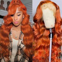 Ginger Orange Lace Front Wigs Human Hair Body Wave 13x4 HD Lace Frontal Human Hair Colored Wig 150% Density Brazilian Hair wig Pre Plucked Hairline with Baby Hair 28 inch von Worldnewhair