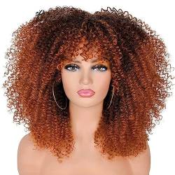 Perücke Lockige Afro-Perücken für schwarze Frauen, kurze verworrene lockige Perücken mit Pony, 40,6 cm, braunes Afro-Haar, synthetische Faser, leimloses Cosplay-Haar von WouND