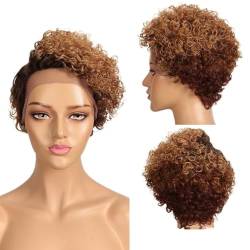 Perücke Lockige Echthaar-Perücke, kurze Bob-Spitze-Perücken, farbige brasilianische Haarperücke für schwarze Frauen, Jerry Curl, Pixie-Schnitt, Spitzenteil-Perücke von WouND