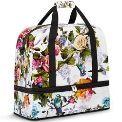 Blumen Vögel Reise Duffle Bag für Damen Herren Rose Retro Wochenende Übernachtung Taschen Faltbar Nass Getrennt 47L Tragetasche für Sport Gym Yoga, farbe, 47 L, Taschen-Organizer von WowPrint