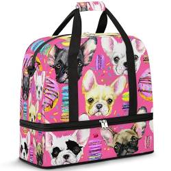 Französische Bulldogge Reisetasche für Damen Herren Cartoon Hund Wochenende Übernachtung Taschen Faltbare Nass Getrennt 47L Tragetasche für Sport Gym Yoga, farbe, 47 L, Taschen-Organizer von WowPrint