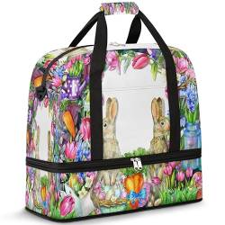 Frühling Blume Bunny Reise Duffle Bag für Damen Herren Osterhase Wochenende Übernachtung Taschen Faltbar Nass Getrennt 47L Tragetasche für Sport Gym Yoga, farbe, 47 L, Taschen-Organizer von WowPrint