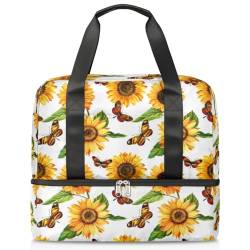 Frühling Sonnenblume Schmetterling Sport Duffle Bag für Damen Herren Jungen Kirls Blumen Sonnenblume Wochenende Übernachtung Taschen Nass Getrennt 21L Tragetasche für Reisen Gym Yoga, farbe, 21L, von WowPrint